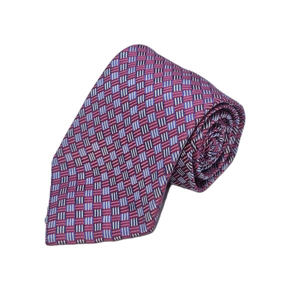 Jones New York 100% Silk Tie Pink Blue Square Lines Career Easter Professional - Picture 1 of 3